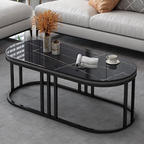 Image of Modern Oval Marble Finish Coffee Table with Metal Frame, Luxury Center Table for Living Room, Contemporary Tea Table for Home, Office Reception Table, Space Saving (Full Black)