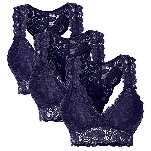 Vimoli Sujetador push up de encaje para mujer, cuello en V, flores, sin aros, cómodo, de encaje, sin cables, elástico, ropa interior G azul oscuro. S