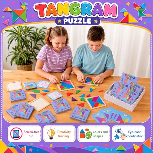 Dunzoom 50 Pack Tangram Puzzle Wooden Pack Bulk Kid Party Favors Stem Jigsaw Game Educational Shape Puzzle Toy Goodie Box Stuffer for Kids 4-8 Classroom Prize Reward Birthday (Pastel Pink Purple) - Image 4