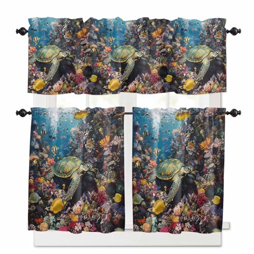 Summer Turtle Kitchen Curtains 36 Inch Length,3 Piece Rod Pocket Small Half Tiers and Valance Set,Beach Ocean Coral Colorful Tropical Fish Small Large Window Treatment Decor for Bedroom/Bathroom Sink