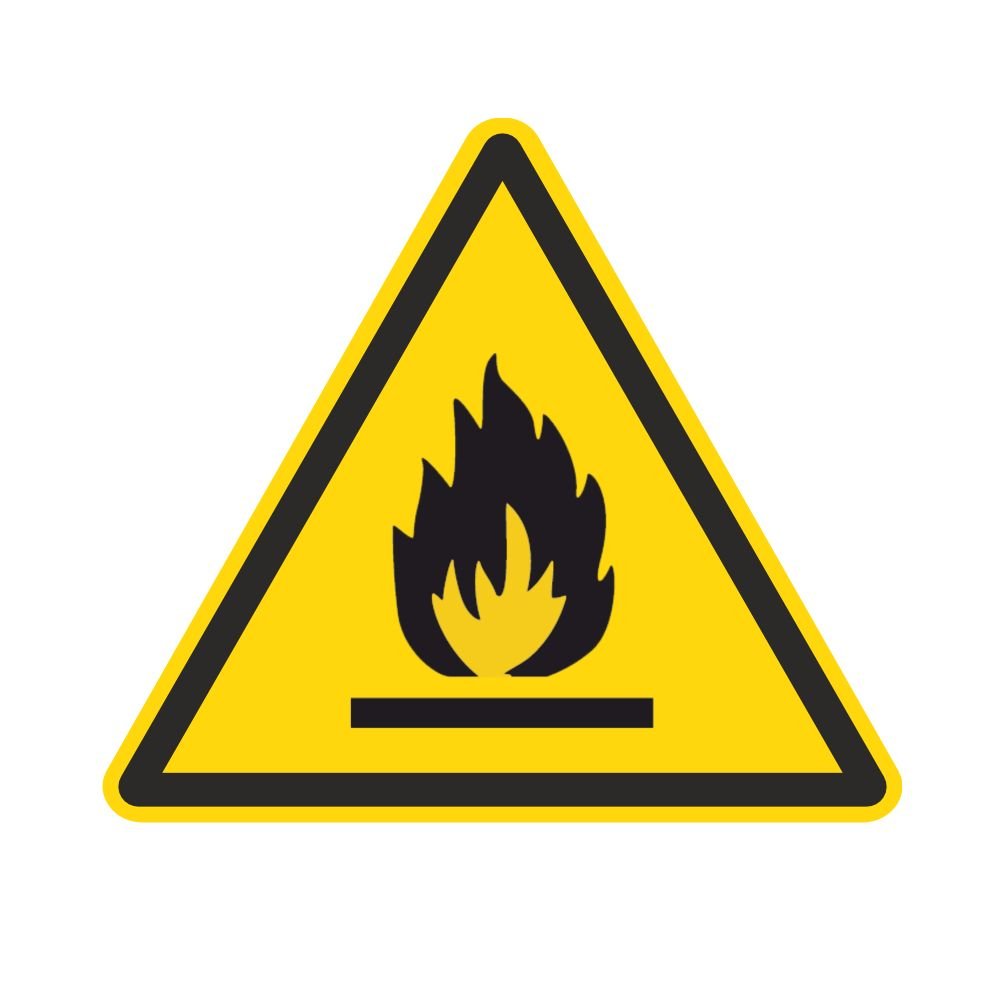 Señal de advertencia W021 – advertencia contra sustancias ignífugas – Pegatinas de plástico – 100 mm – 250 unidades