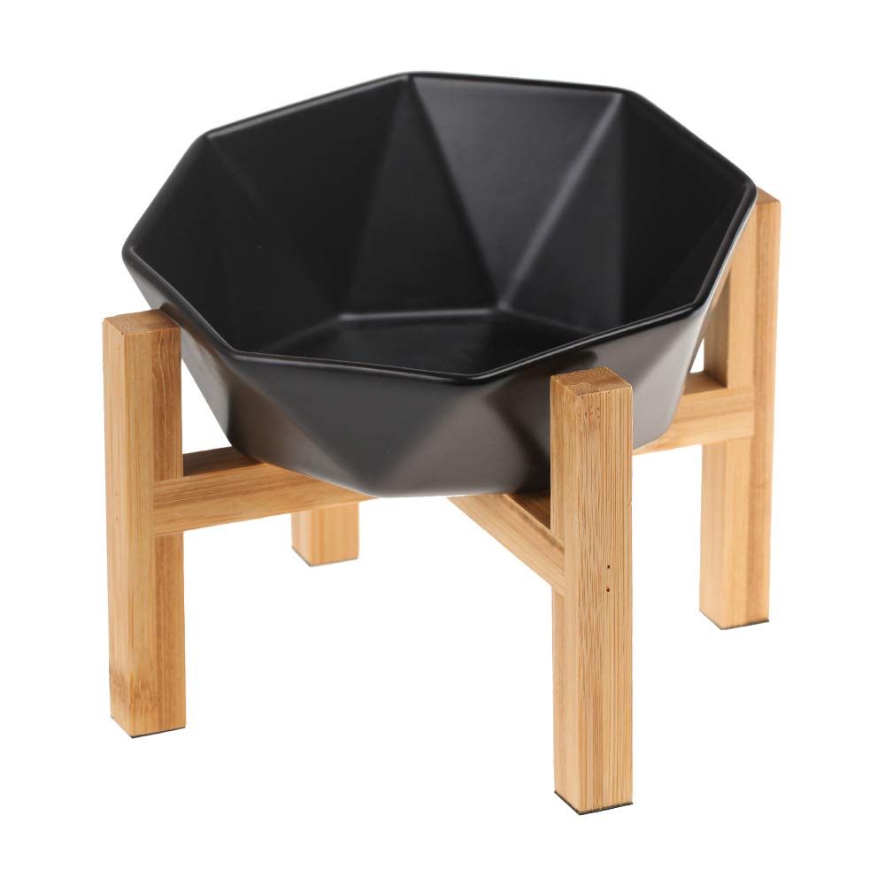 Black with Stand Ceramic Tilted Elevated Raised Pet Bowl with Bamboo Stand for Cats and Dogs No Spill Pet Food Water Feeder