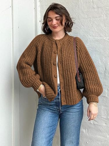 YKR Womens Fall Cardigan Sweater Long Sleeve Chunky Knit Open Front Button Loose Casual Cardigan Coat Brown L4