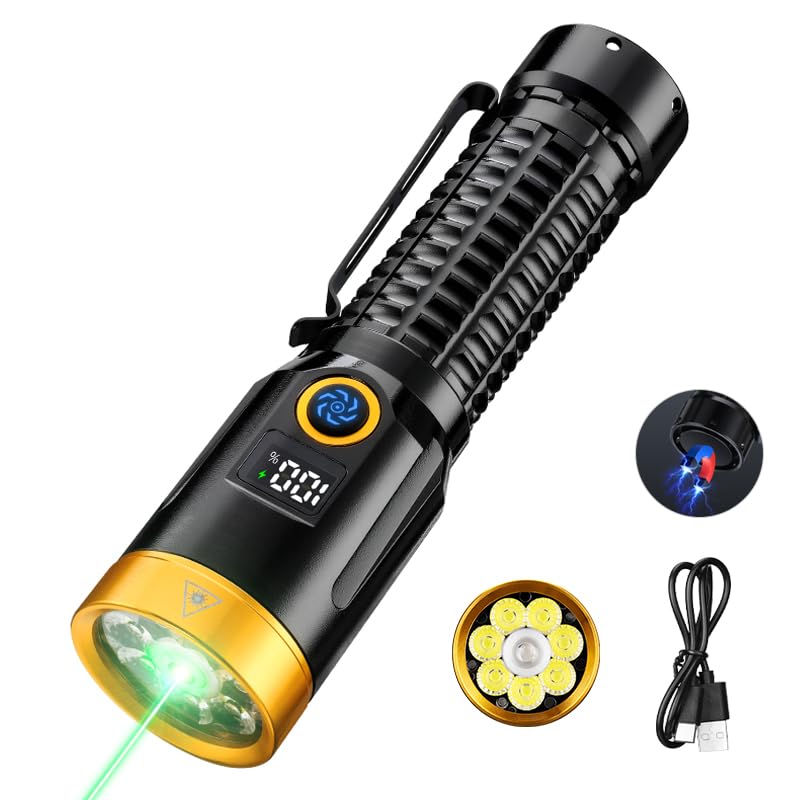 ASORT Wiederaufladbare Taschenlampe mit grünem Lichtstrahl, 7 Leuchtmodi, USB-C Superhell flashlight, geeignet für Outdoor-Aktivitäten, Notfälle, Patrouillen, Camping, Baustellen