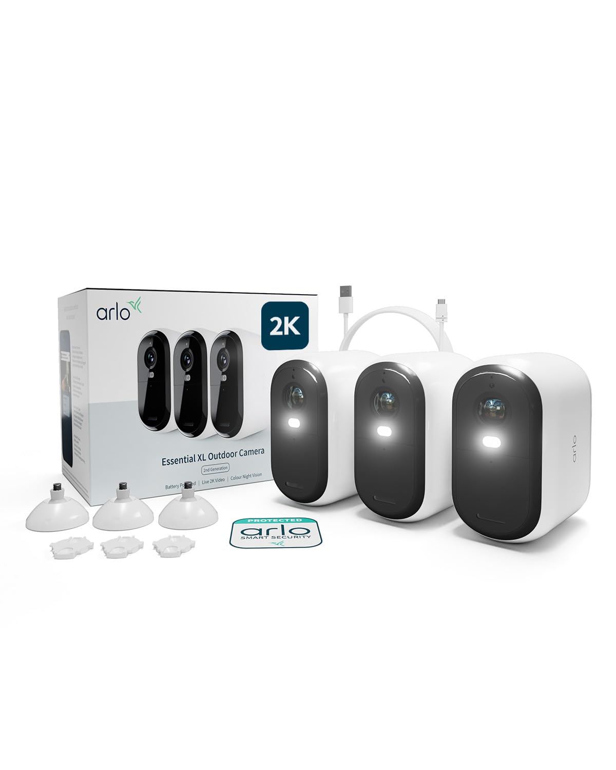 Arlo Essential 2 HD XL zewnętrzna kamera bezpieczeństwa, do 2 lat ochrony, bezprzewodowa, 2K HD, kolorowy obraz w nocy, światło, czujnik ruchu, syrena, dwukierunkowy dźwięk + Testowy Plan Arlo Secure