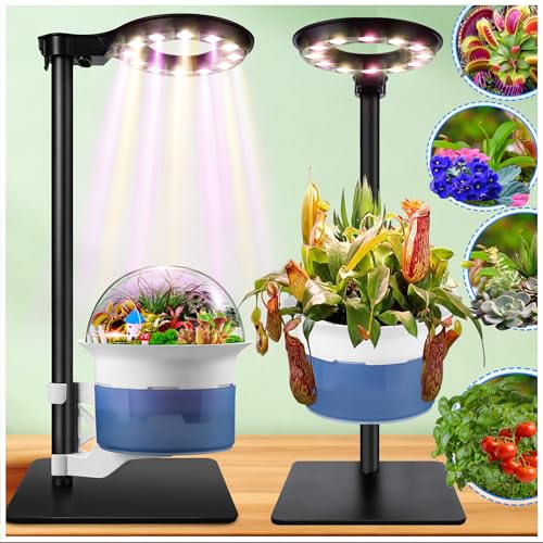 Large Venus Fly Trap Terrarium Kit with Grow Light Timer& Adjustable Metal Stand African Violet Self Watering Planter Pot for Herbs Carnivorous Plants Christmas for Dad Garden Lover