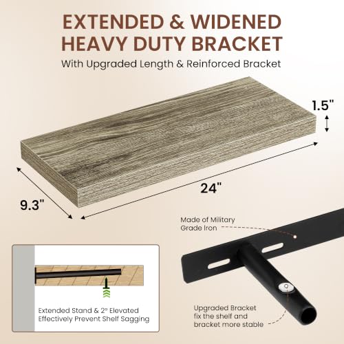 Image of Dreamland 24 Inches Floating Shelves for Wall,9.3 inch Deep Long Floating Shelves Set of 2,Large Display & Storage Shelf,Wall Shelf for Bathroom Bedroom Living Room Kitchen Office,Grey