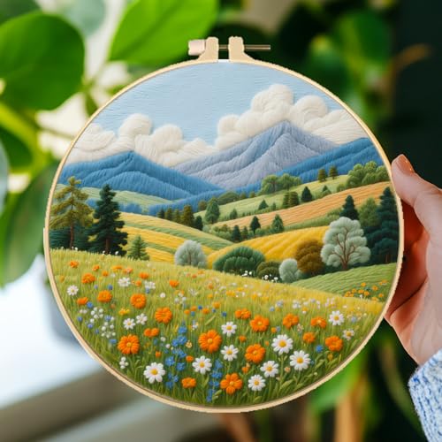 Image of BEUNITONE 4 Set Fairy Tale Landscape Embroidery Kit for Beginners 7.9 inchx7.9 inch Pre-Stamped Pattern Needlepoint Kits with Hoop, Tools & Instruction, Handamde Embroidery Kits for Fabric and Home Decor