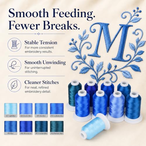 Image of Simthread 8 Shades 550Yds Each 40WT Polyester Embroidery Thread Blue Set | 8-shade blue set with 550Yds each offers smooth 40WT polyester thread for home and commercial embroidery machines.