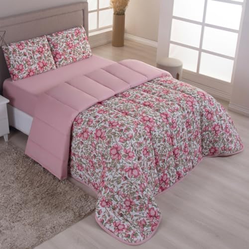 Kit Edredom King Malha 100% Algodão 04 Peças Liso Dupla Face Com Viés (Est. Rose)