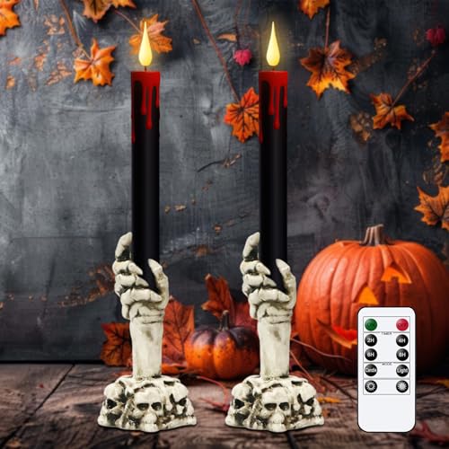 Image of GenSwin Halloween Black Taper Flameless Candles with Ghost Hand Candlesticks and Remote Timer, 2 Pcs Battery Operated Taper Candles with Holder and 3D Flame for Halloween Decor