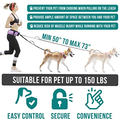 PetAmi Hands Free Dog Leash, Running Leash Belt Bag for Walking, Jogging, Waist Double Zipper Pouch with Poop Dispenser, Dual Padded Handles Reflective Bungee Double, Purple, 2 Leashes by PetAmi - Image 5
