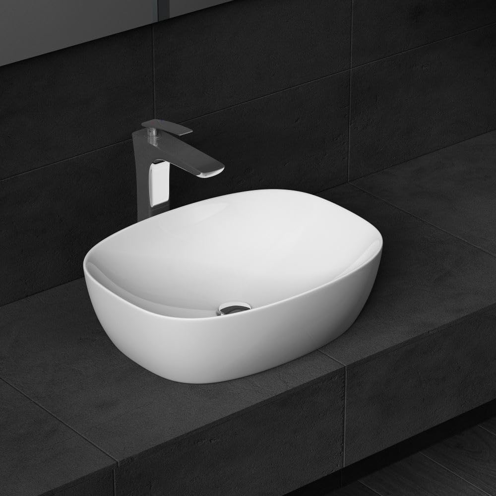 Durovin Bathrooms Ceramic Bathroom Basin - Countertop Sink Rectangular Vessel Sink - Curved Edge Smooth Bottom (495 x 380 x 145mm)