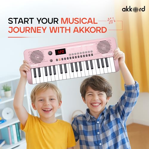 Image of Akkord 37 Keys Music Keyboard - Pink Edition | MIDI USB-C, Touch Response, 200 Rhythms,Tones & 40 Demos, LED Display, Portable Beginner Piano Compatible with GarageBand.