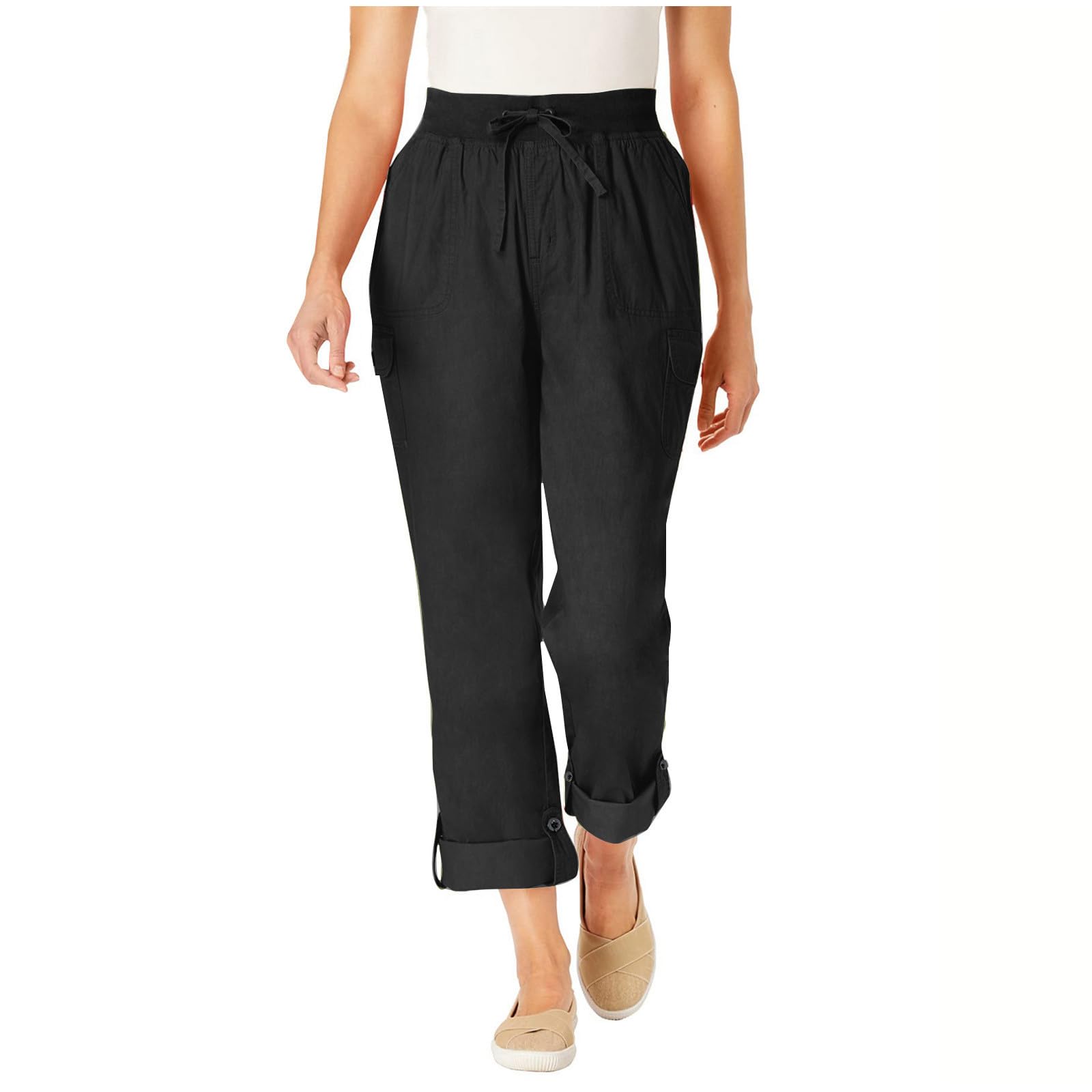 Womens Casual Straight Leg Pants High Stretchy Waisted Drawstring Slacks Collapsible Feet Wide Leg Trouser with Pocket