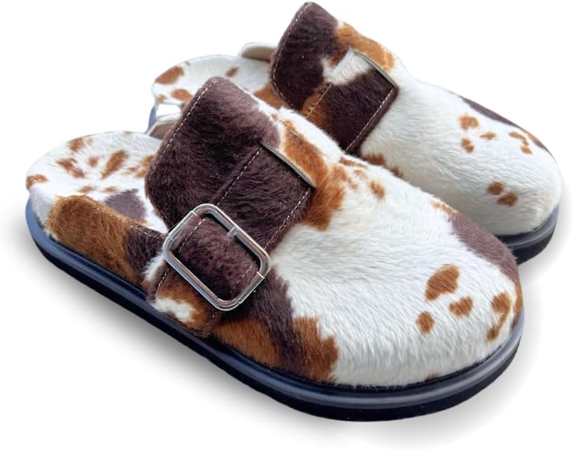 Sade Moo Cow Print Unisex Clogs – Premium Faux Fur Lined Slip On Mules with Structured Sole, Firm Wide Fit Closed Toe Casual Shoes, Brown