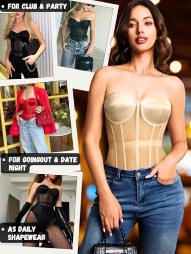 Image of Kaei&Shi Sheer Mesh Overbust Corset,Sexy Strapless Lace Up Satin Bra Corsets Top For Women Shapewear