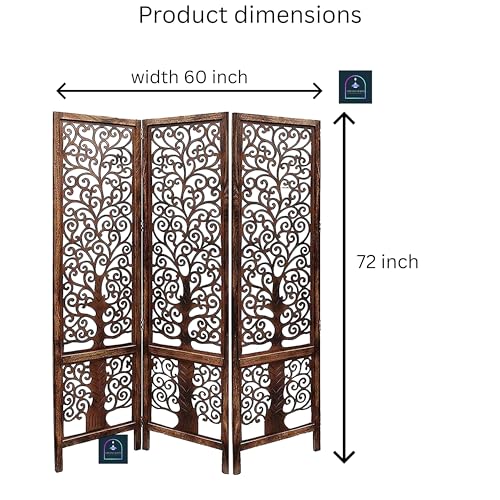 Image of Wooden Room Partition /Screen /Room Divider /Room Separator Traditional Handicrafts 6Ft (Dark Brown) (Tree 3 Panel)