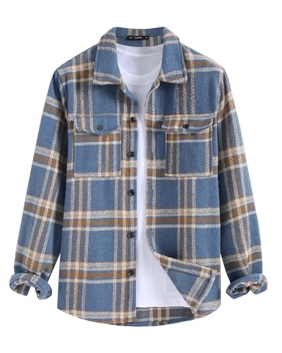 Image of ZAFUL Unisex Plaid Flannel Shirt Jacket Button Down Long Sleeve Pocket Coat Outwear | Mens Fall Clothes Lightweight Long Sleeve Button Down Flap Pocket Jacket Tops for Fall&Winter 2026