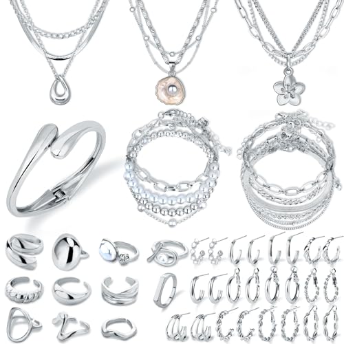 Image of CHICUTIE Gold Jewelry Set For Women,14k Gold Plated Multi Layer Necklaces Bracelets Hoop Earrings Set Stackable Knuckle Rings, Trendy Elegance Charms Non Tarnish Minimalist Textured Boho Jewelry Gift