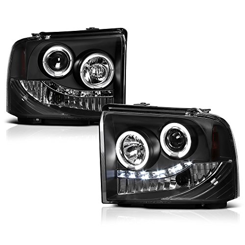 [For 2005-2007 Ford Excursion F-250 F-350 Super Duty Pickup Truck] LED Halo Ring Black Housing Projector Headlight Headlamp Assembly, Driver & Passenger Side