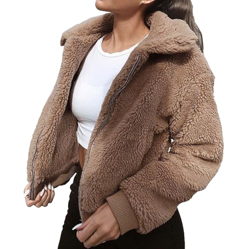 Chaquetas de otoño para mujer, abrigo corto de piel sintética, chaqueta informal peluda con bolsillos, abrigo cálido invierno con cremallera y esponjoso.