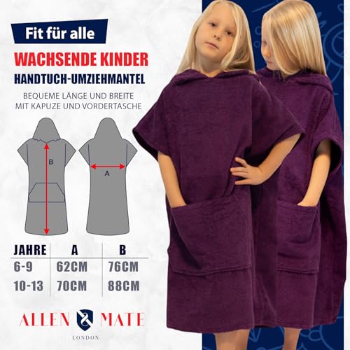 ALLEN & MATE 100% BAUMWOLLE Kinder-Strandtuch-Poncho – Übergroßer, schnelltrocknender Bademantel zum Umziehen mit Kapuze und Tasche für Jungen und Mädchen (10–13 Jahre, Lila)