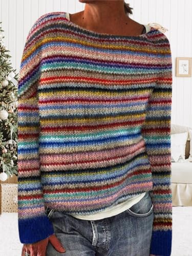 Women's Fair Isle Knitted Sweater Vintage Long Sleeve Boat Neck Retro Lightweight Pullover Top for Fall Winter3