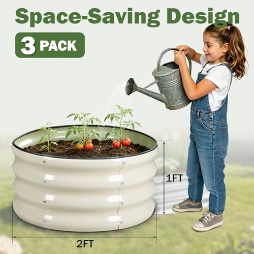 Image of 3 PCS Round Raised Garden Bed 2x2x1 ft, Metal Outdoor Planter Box Kit with Safety Rubber Edge, Easy Assemble Bottomless Small Planting Container for Vegetable, Flower, Fruit, White