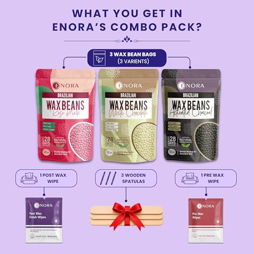 Image of ENORA Hair Removal Brazilian Hard Wax Beans Range : White Chocolate + Rose pink + Activated CHarcoal | pack of 3(50 Gram) |