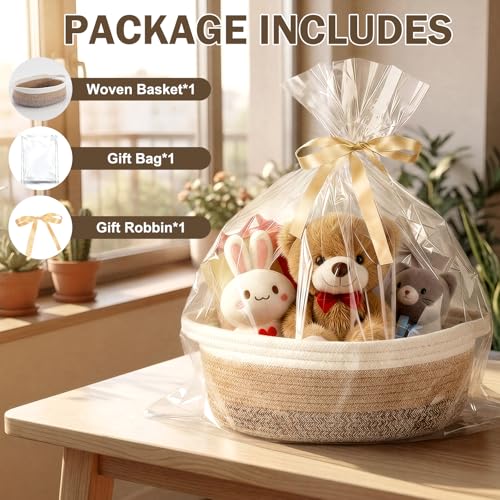 Image of Basket for Gifts Empty, Small Woven Basket with Bags and Ribbons, Baby Toy Baskets with Handles, Wicker Storage Bin for Baby Showers or Pet Toy (White-Brown Gradient, 1 Pack (12 inchx 8 inchx 3.74 inch))