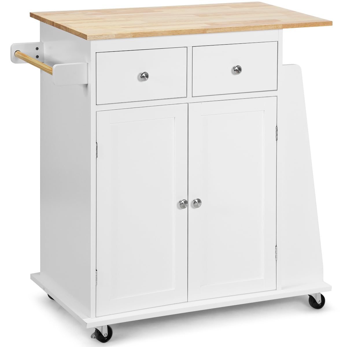 KOMFOTTEU Carro de Cocina con Encimera de Madera Maciza, Carrito Auxiliar con Estante Lateral, 2 Cajones, Armario con Puertas, Isla de Cocina con Ruedas y Estante Ajustable, 88 x 46 x 90 cm (Blanco)