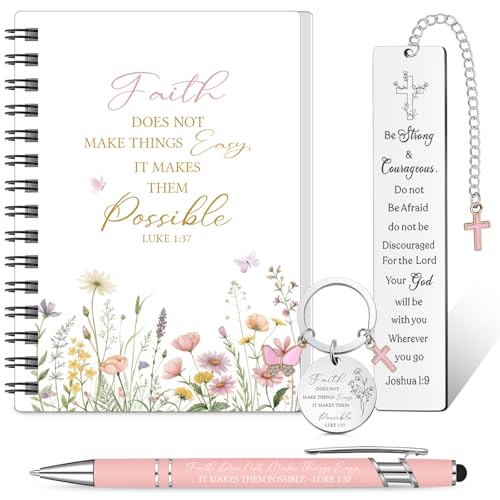 Hestya 4pcs Christian Gifts Including Portable Christian Spiral Notebook Bible Keychain Ballpoint Pen Verse Bookmark Graduation Inspirational Religious Gifts for Teacher(It Makes Them Possible)