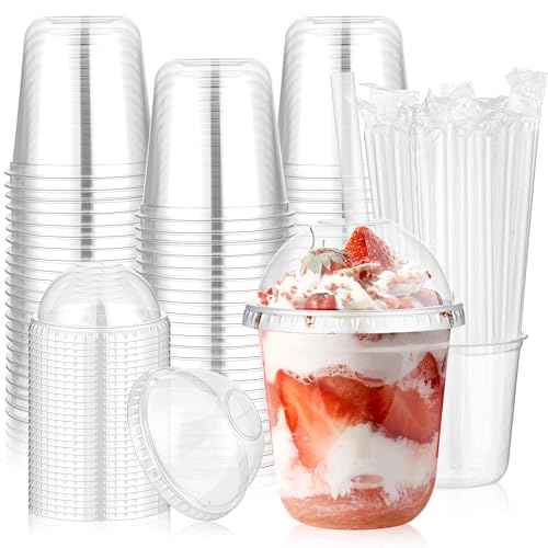 KesaPlan 50 Pcs 12 OZ Clear Plastic Cups with Dome Lids and Straws Disposable Stemless Glasses Party Drinking Cup Round Bottom To go Smoothie Milkshake Cup for Party Wedding Birthday Travel Holiday