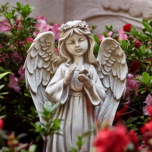 Garden Angel Figurines With Halo Led Lights, Light Up Angel Girl With Dove Garden Statues For Patio, Lawn, Yard Art, Cemetery Grave Decoration, Sympathy Gift, Stone Antique, 9.65 X 6.1 X16.1Inch #TOP2