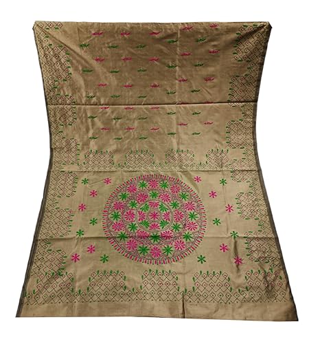 Image of Women's Hand Embroidered Cotton Silk Kantha Stitch Saree with Blouse Piece (J420824 TRAUPE)