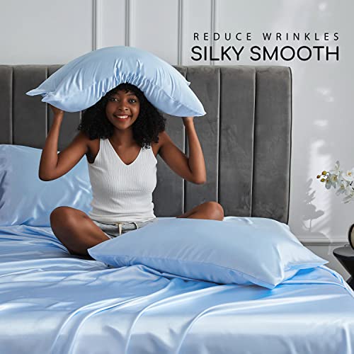 Image of MR&HM Satin Bed Sheets, Full Size Sheets Set, 4 Pcs Silky Bedding Set with 15 Inches Deep Pocket for Mattress (Full, Light Blue)