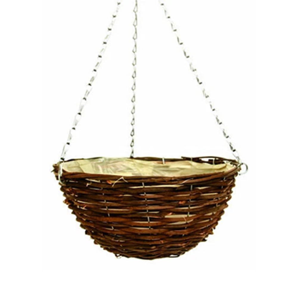 Wicker Basket Planter – Natural Rattan & Willow Flower Pot with Polythene Liner & Metal Hanging Chain – Decorative Indoor & Outdoor Garden Planter for Flowers (Hanging Basket 36cm, 14Inch x 1Pack)