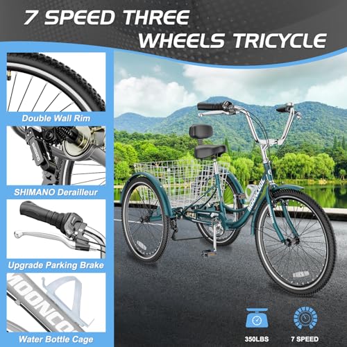 Slsy Adult Tricycles 7 Speed, Adult Trikes 20/24/26 inch 3 Wheel Bikes, Three-Wheeled Bicycles Cruise Trike with Shopping Basket for Seniors, Women, Men.