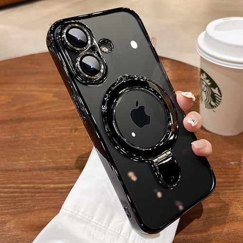 Image of Magnetic Case for iPhone 16 Plus Case Stand & Ring Holder Compatible with MagSafe Built-in Camera Lens Protector Shockproof Phone Case for iPhone 16 Plus 6.7 inch- Black