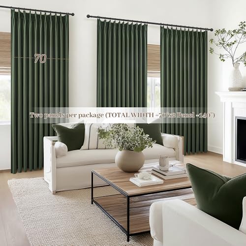 Image of Curtains 70 Inch Length Extra Wide Pinch Pleated Blackout Curtain for Sliding Glass Door /Living Room, Farmhouse Olive Green Thick Heavy Duty Insulated Large Window Drapes (70 inchWx90 inchLx2Panels Loden)
