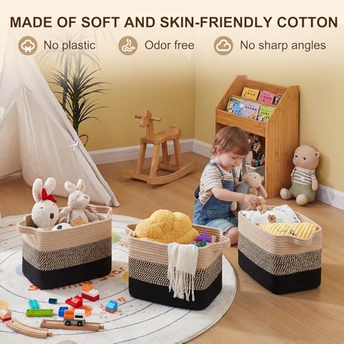Image of OIAHOMY Cotton Rope Storage Baskets for Organizing Black & Brown 3-Pack