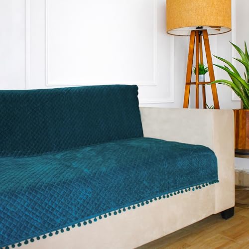 STITCHNEST 'Maison Plush Series' Quilted Velvet Sofa Cover 1 Seater Fully Covered | Premium Soft Fabric, Washable & Fade Resistant | Castelton Green Sofa Protector with Pompom | Size 24x60 Inch