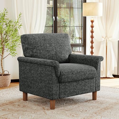 Image of Mid Century Modern Accent Chair,Chenille Comfy Living Room Arm Chairs,Bedroom Reading Chair with Widen Arm Rest,Cozy Single Sofa Corner Side Chair,Easy Assembly Required,Dark Grey