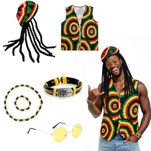 MUNSKT Set Accessoires de Rasta, Kit Costume Reggae Jamaïcaine, Perruque de Dreadlocks Tressées Jamaïcaines Pour Homme Femme Carnaval Cosplay Fête Halloween (B)