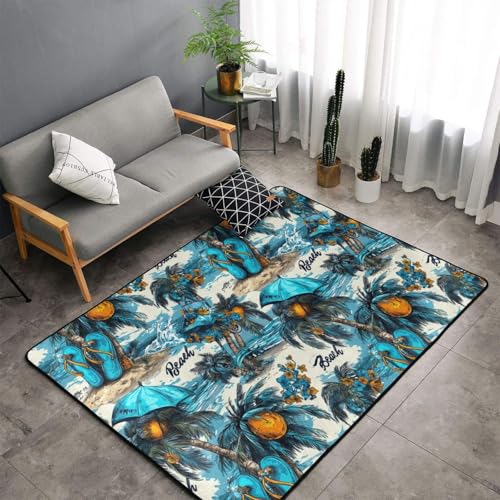 Tapis de salon bleu hawaïen imprimé plage 150x100 cm lavable