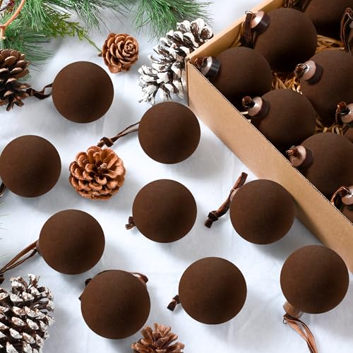 Palonu 30 Pcs Velvet Christmas Balls 2.4 Inch Flocked Ornaments with Velvet Ribbons Shatterproof Plastic Christmas Bulbs Ornaments for Family Holiday Party Xmas Hanging Decoration(Brown)