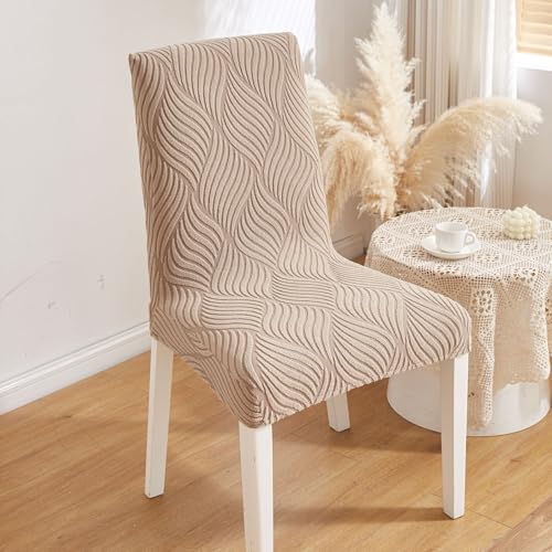 Image of HOMETHREADS Elastic Jacquard Chair Cover - Stretchable, Removable & Washable Short Dining Chair Slipcover | Durable Seat Protector for Kitchen, Dining Room & Banquet Chairs (Beige, Pack of 1)