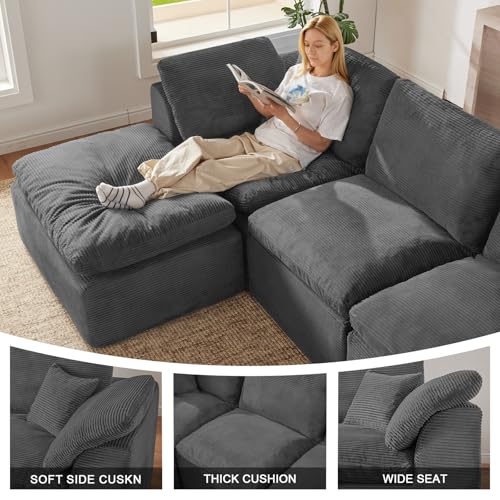 Image of 112 inch Cloud Sectional Couch, Boneless Couches for Living Room, L Shaped Couch with Convertible Ottoman, Modular Sectional Sofa with Deep Seat, Comfy Soft Cushions, No Assembly, Gray