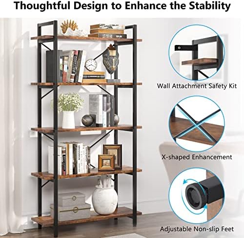 Tribesigns 5 Tier Bookshelf, Industrial Etagere Bookcase with Metal Frame, Rustic Tall Book Shelf Unit for Living Room, Study, Home Office